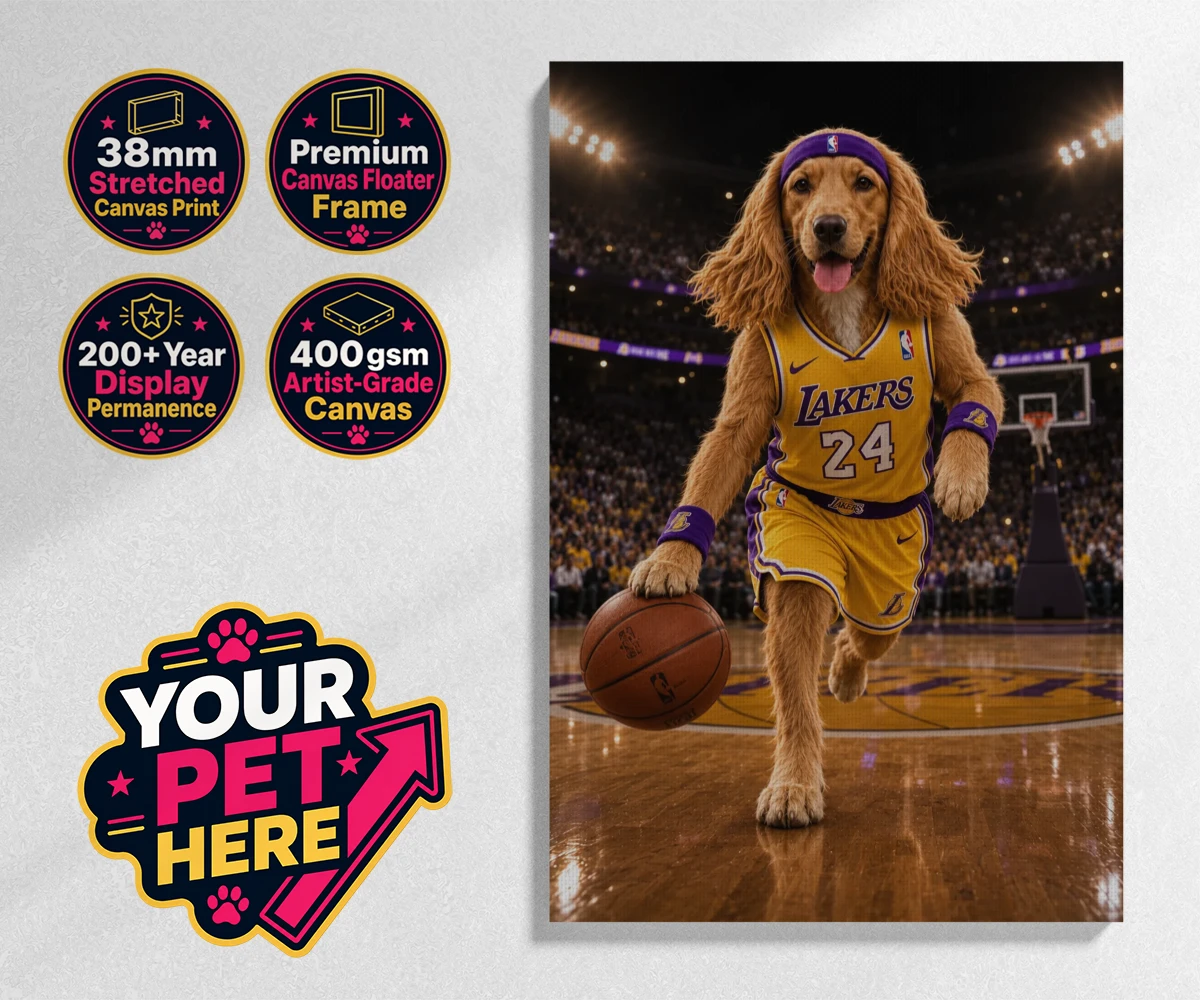 Personalised Basketball Paw Star dog stretched canvas print featuring a delightful celebration of your furry friend's athletic spirit!
