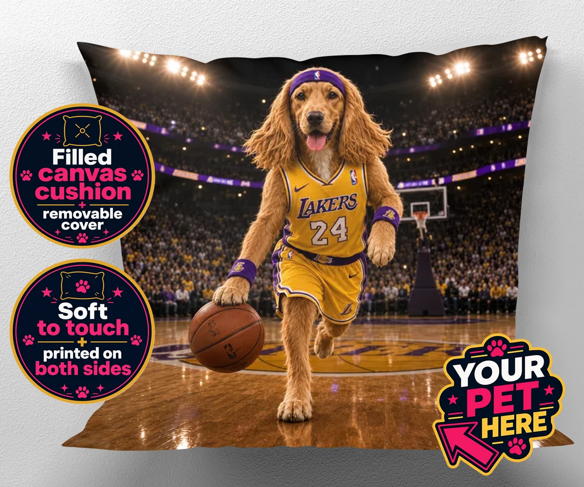 Personalised Basketball Paw Star dog cushion featuring a dog in a yellow and purple jersey in a basketball arena