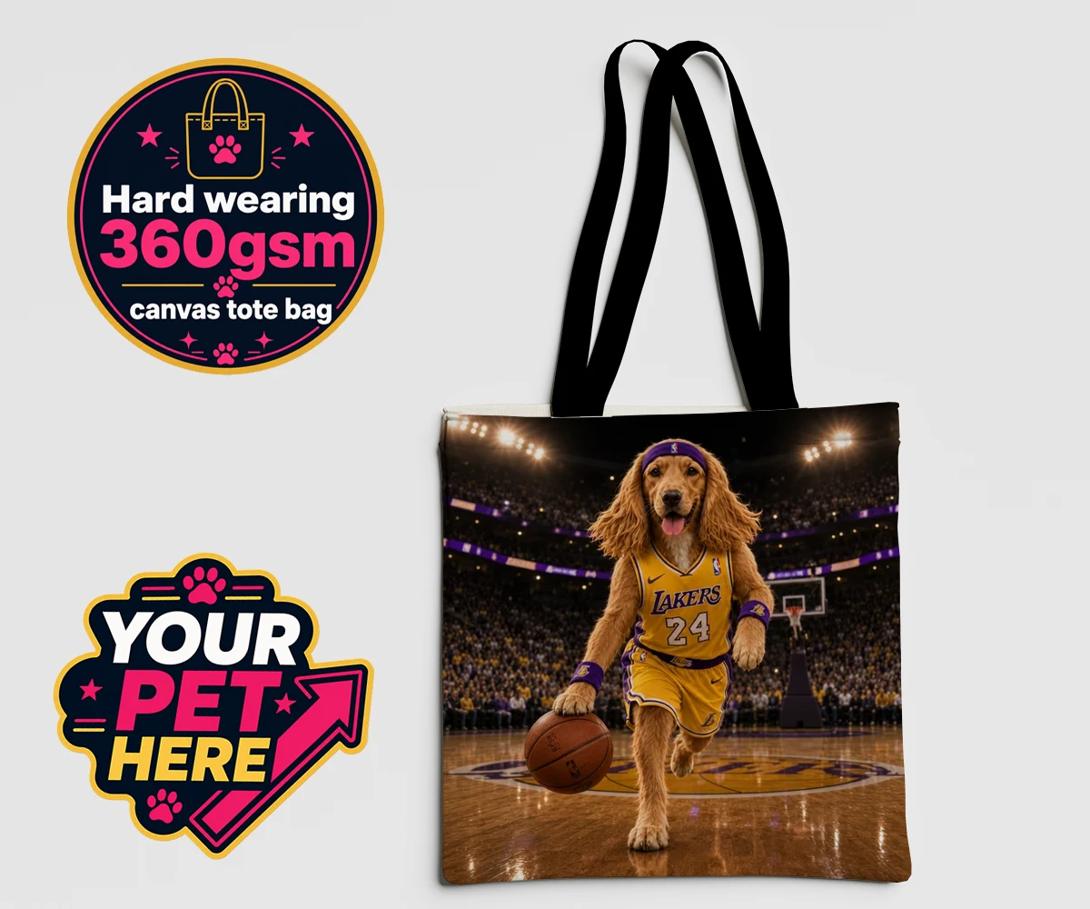 Personalised Basketball Paw Star dog canvas tote bag featuring a dog in a yellow and purple jersey with a basketball arena backdrop.