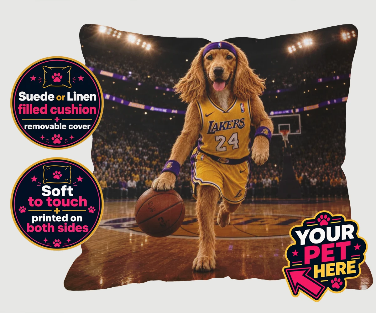 Personalised cushion featuring the Basketball Paw Star dog in a yellow and purple jersey with a basketball arena background