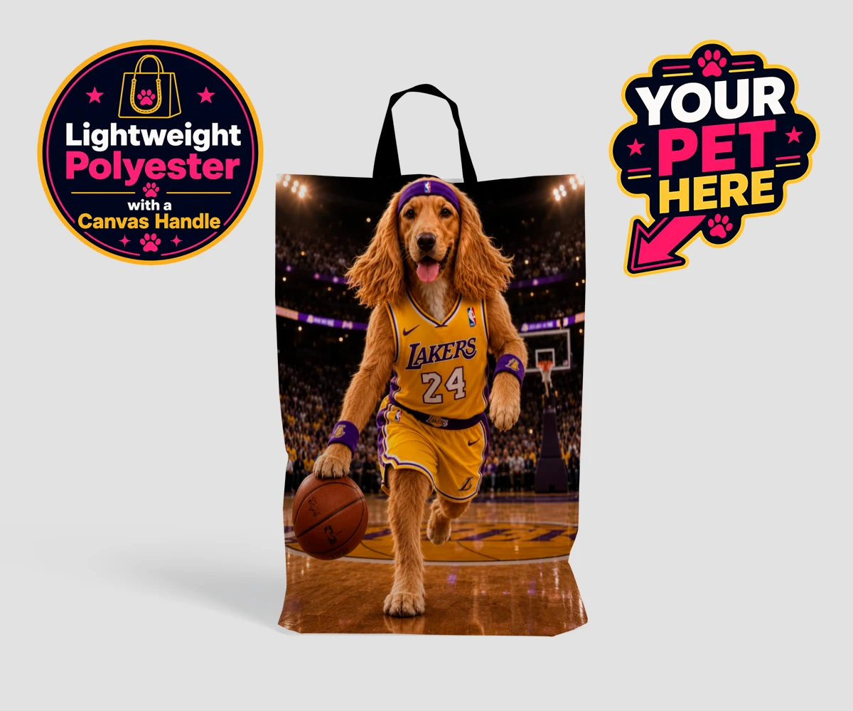 Personalised shopping bag featuring Basketball Paw Star dog in yellow and purple jersey with a basketball arena backdrop