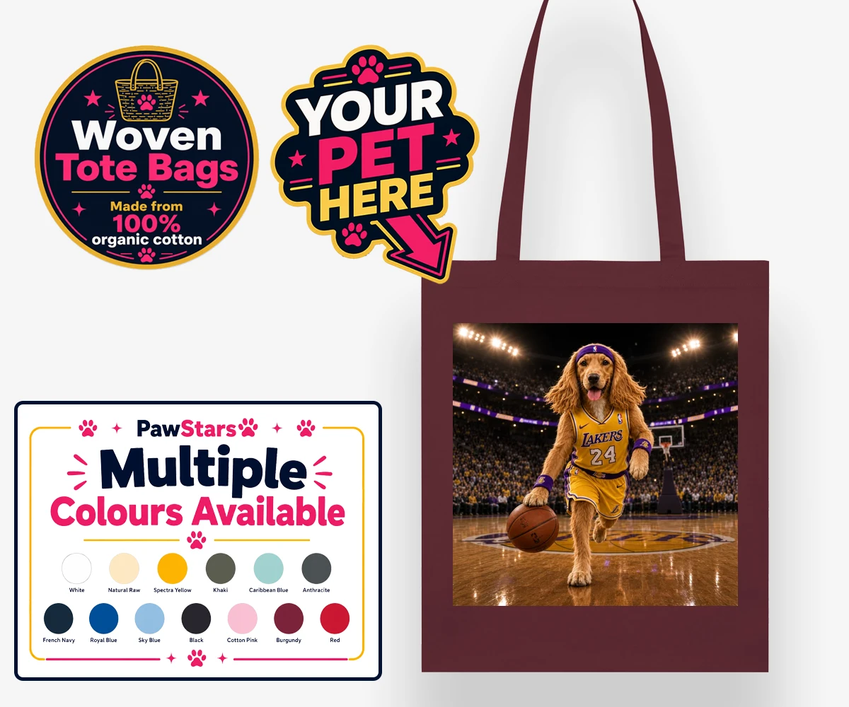 Personalised tote bag featuring Basketball Paw Star dog in yellow and purple jersey with a basketball arena backdrop