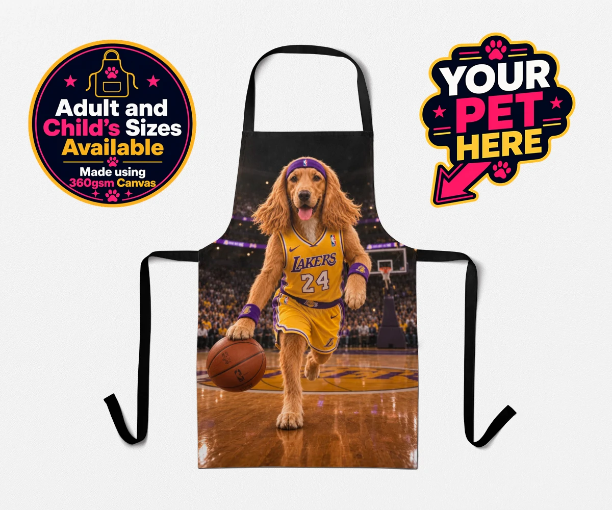 Personalised Basketball Paw Star dog apron featuring a lively dog in a yellow and purple jersey against a basketball arena backdrop