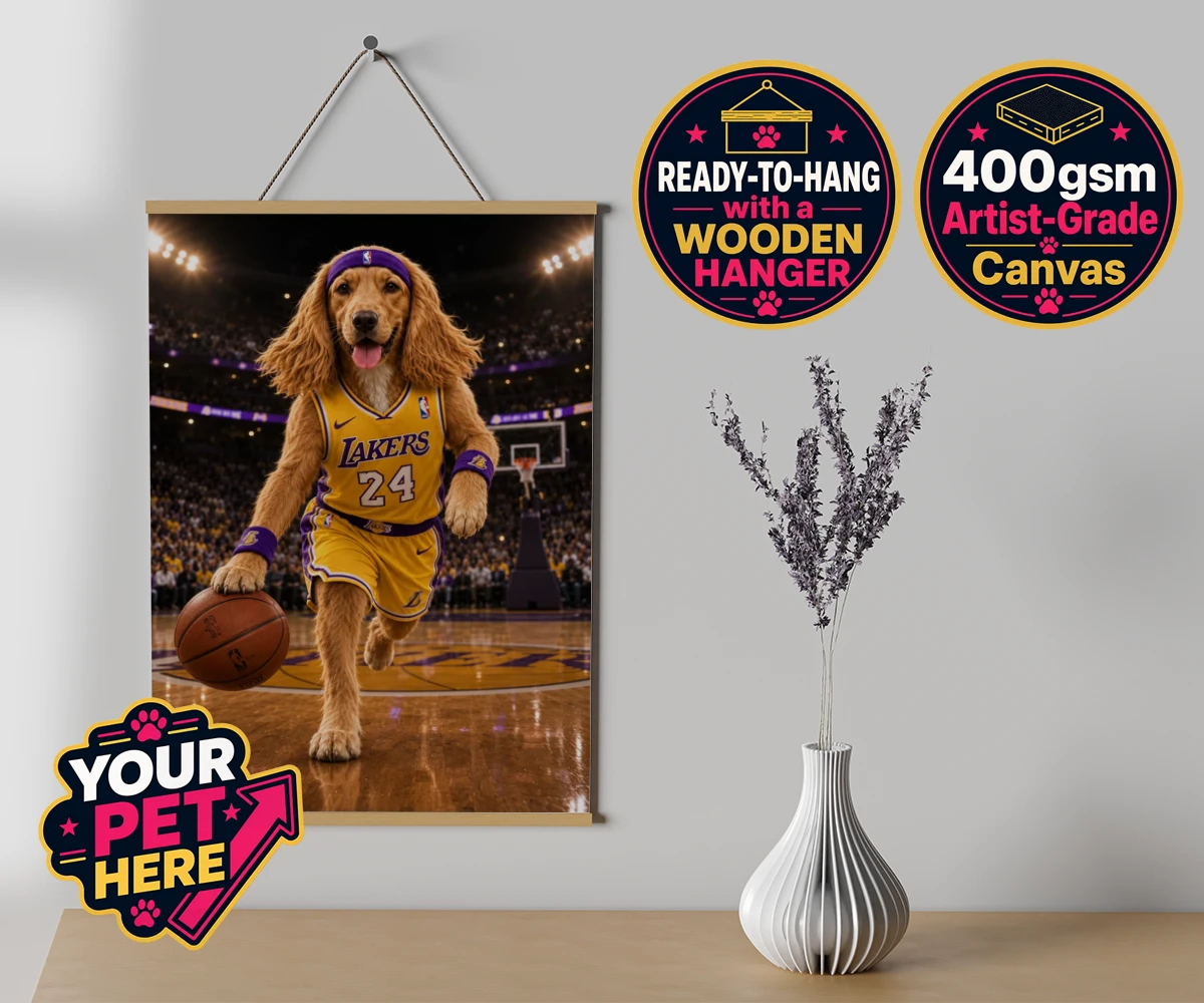 Personalised Basketball Paw Star dog canvas poster prints with hanger featuring a delightful celebration of your furry friend's athletic spirit!