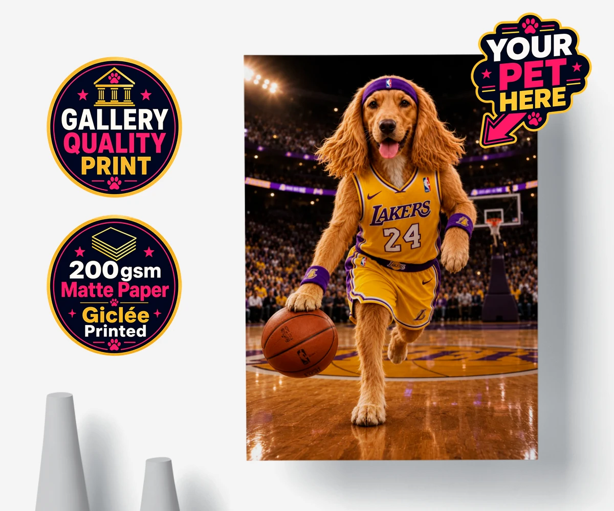 Personalised Basketball Paw Star dog premium poster print featuring a delightful celebration of your furry friend's athletic spirit!