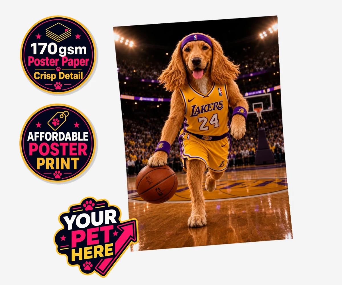 Personalised Basketball Paw Star dog standard poster print featuring a delightful celebration of your furry friend's athletic spirit!