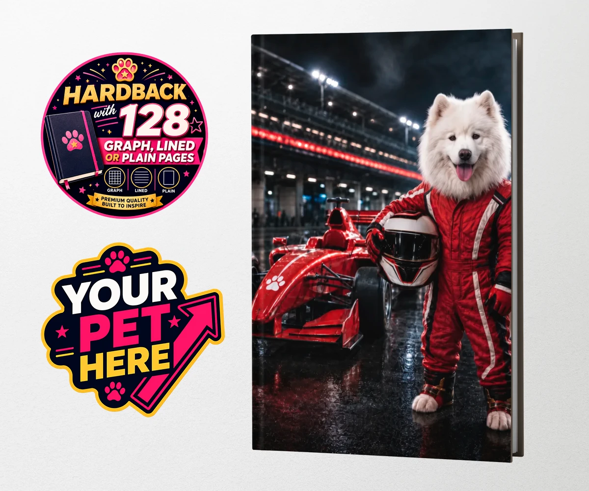 Personalised Paw Prix Racer dog hardback notebooks featuring the ultimate tribute to your speedy companion!