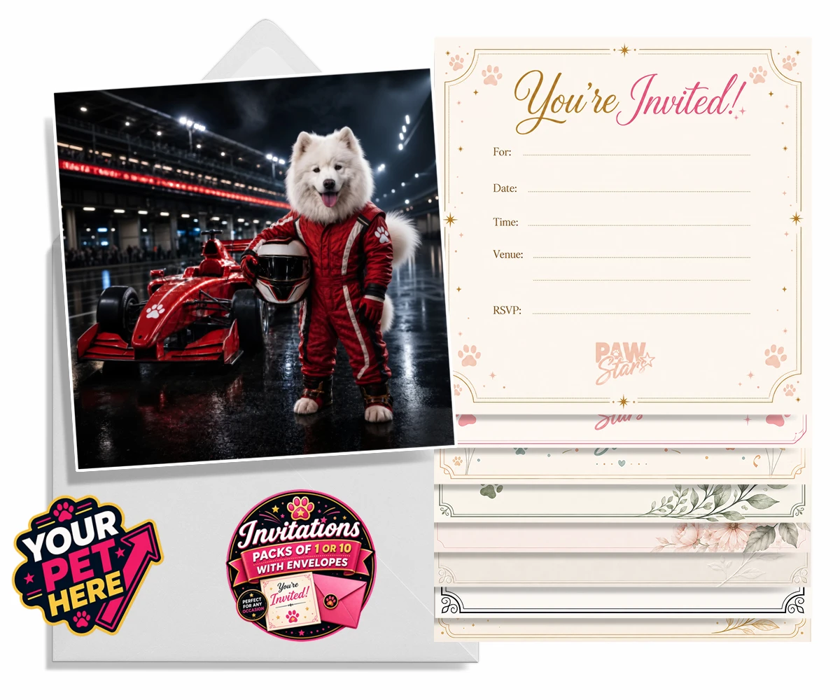 Personalised Paw Prix Racer dog invitations featuring the ultimate tribute to your speedy companion!