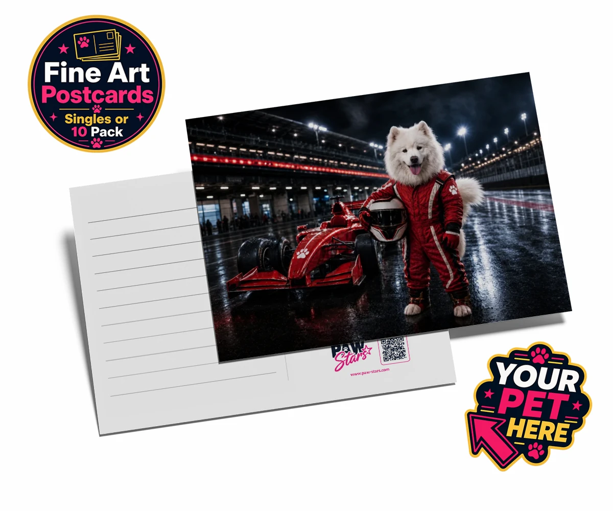 Personalised Paw Prix Racer dog postcards featuring the ultimate tribute to your speedy companion!