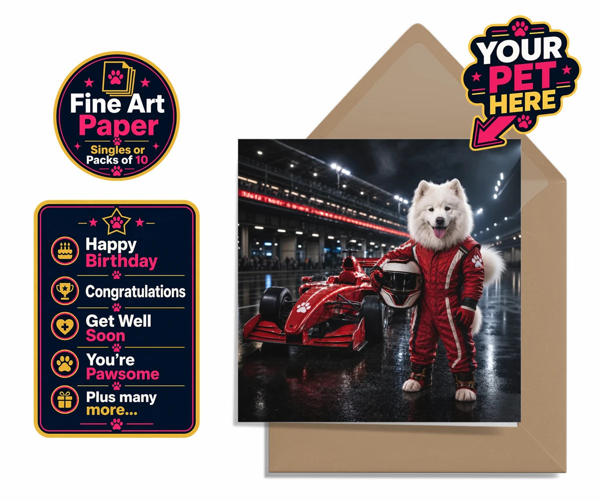 Personalised Paw Prix Racer dog premium greetings cards featuring the ultimate tribute to your speedy companion!