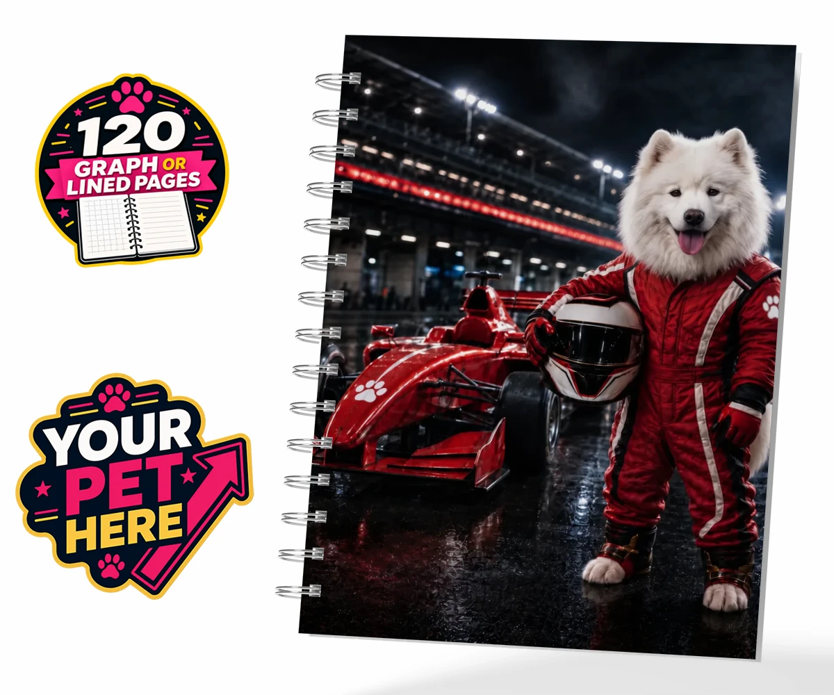 Personalised Paw Prix Racer dog spiral notebook featuring the ultimate tribute to your speedy companion!