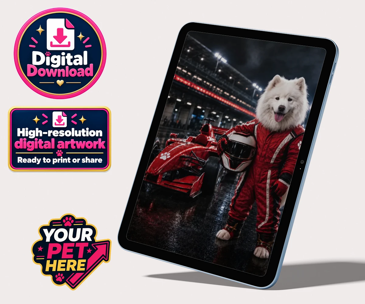 Personalised digital portrait of Paw Prix Racer, a dog in a bright red racing suit, on a racetrack with glistening lights and a crowd