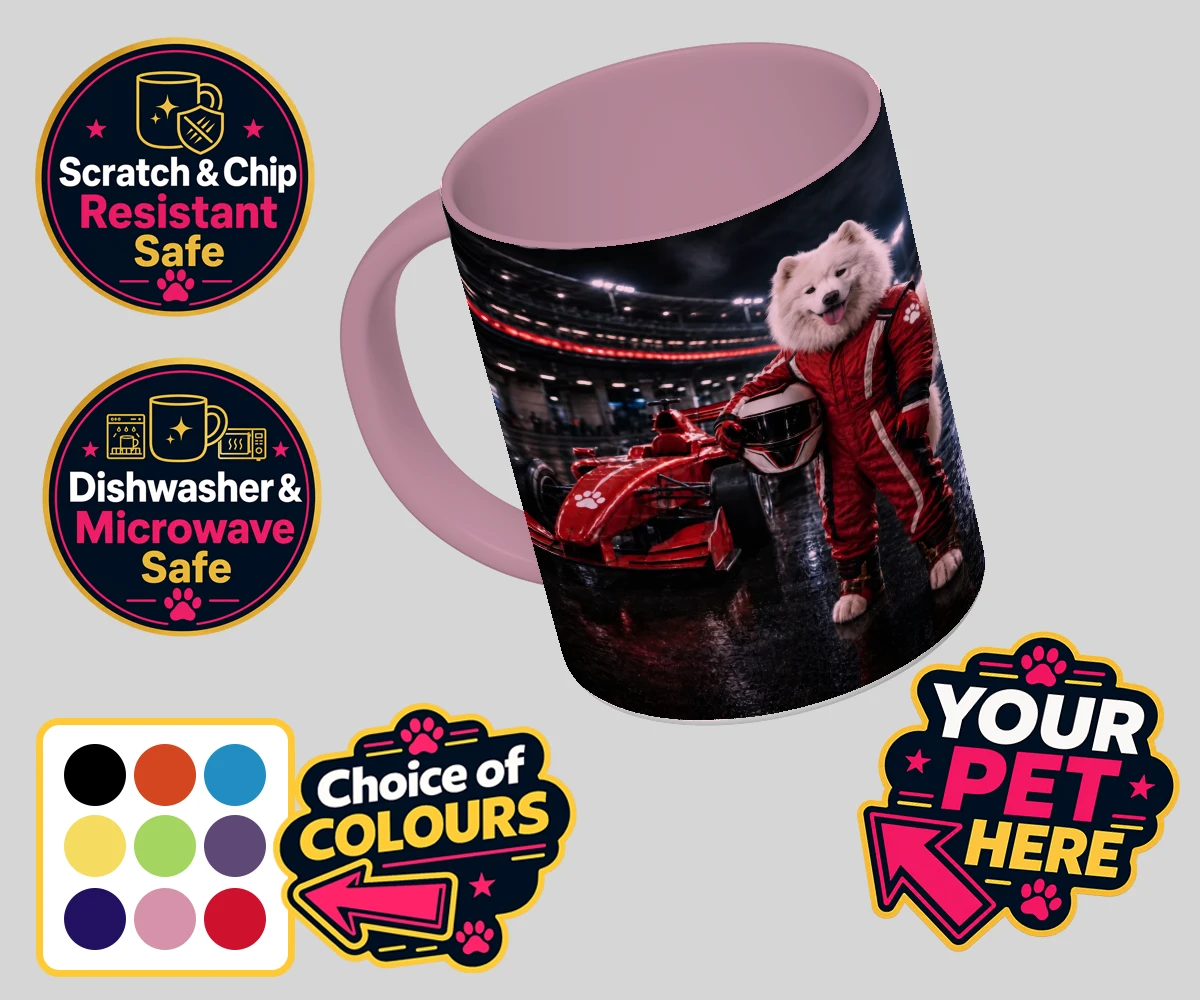Personalised Paw Prix Racer dog coloured photo mugs featuring the ultimate tribute to your speedy companion!