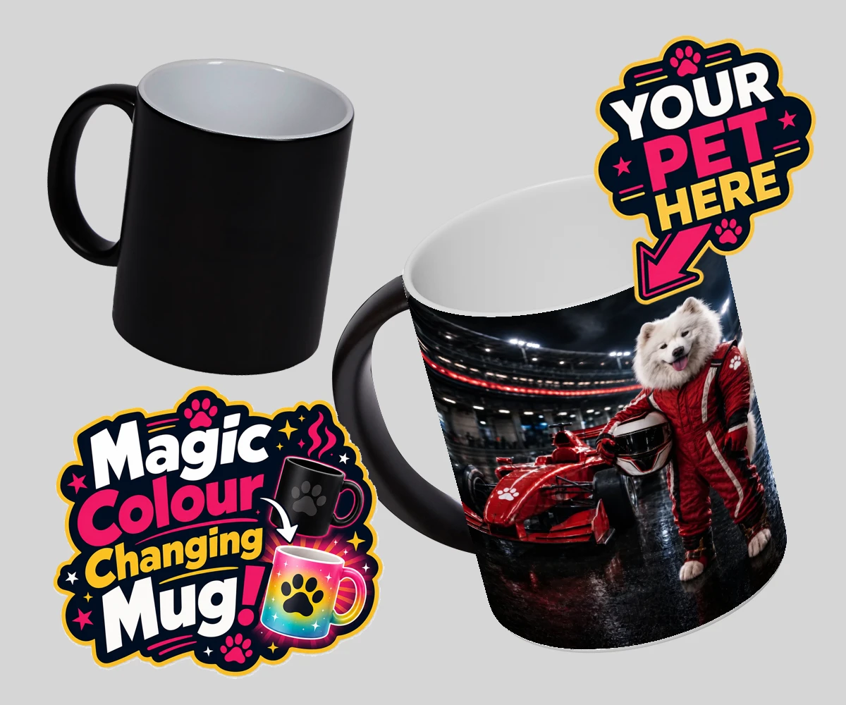 Personalised Paw Prix Racer dog magic photo mugs featuring the ultimate tribute to your speedy companion!