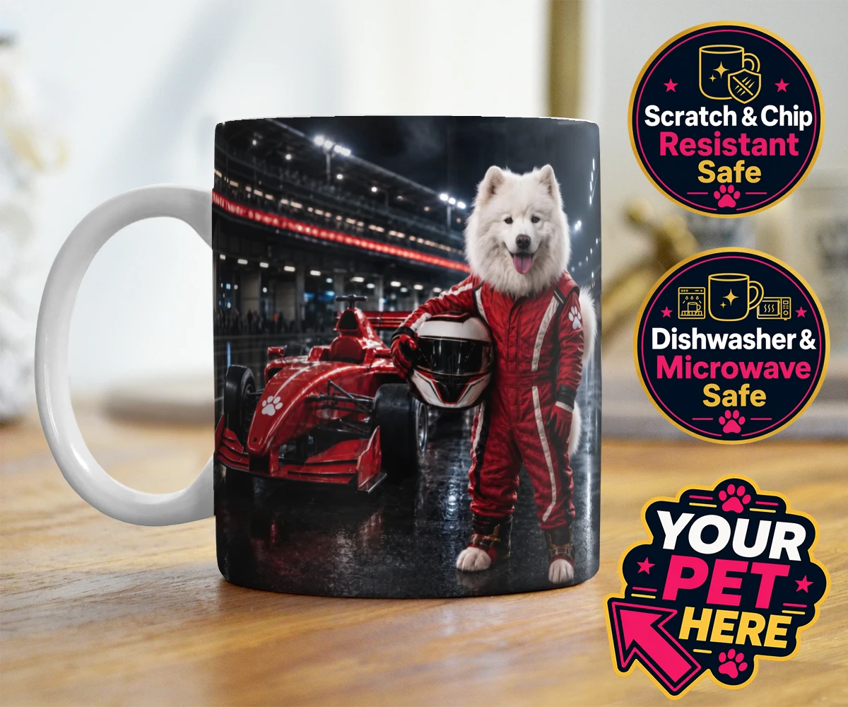 Personalised Paw Prix Racer dog photo mugs featuring the ultimate tribute to your speedy companion!