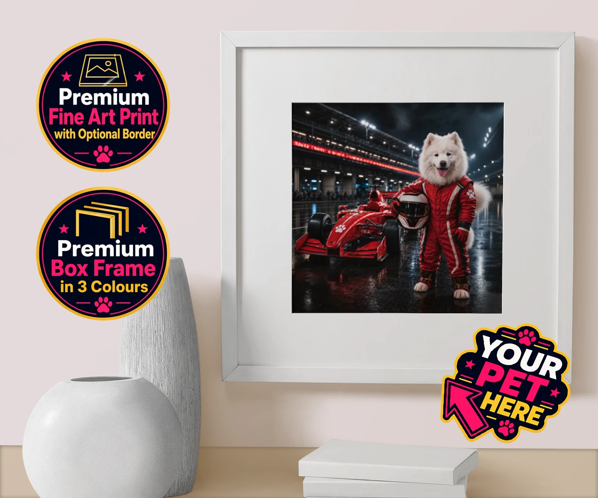 Personalised Paw Prix Racer dog box framed print featuring the ultimate tribute to your speedy companion!