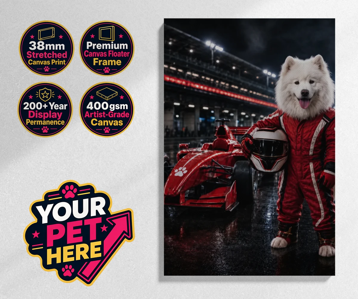 Personalised Paw Prix Racer dog stretched canvas print featuring the ultimate tribute to your speedy companion!