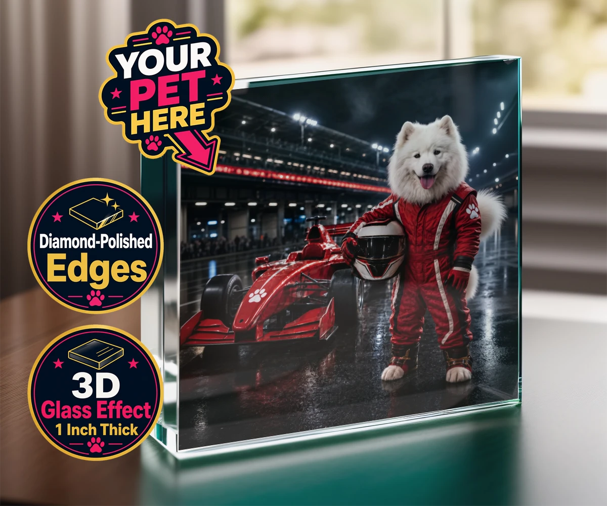 Personalised Paw Prix Racer dog acrylic prisms featuring the ultimate tribute to your speedy companion!