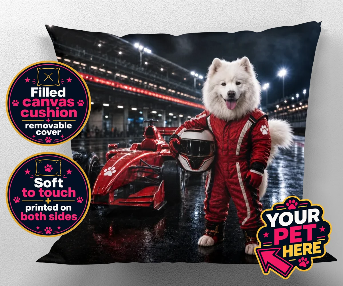 Personalised Paw Prix Racer dog canvas cushions featuring the ultimate tribute to your speedy companion!