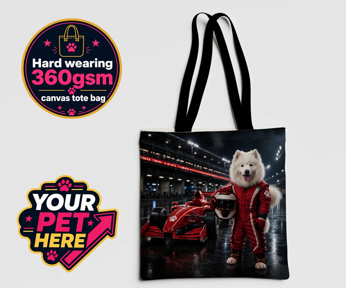Personalised Paw Prix Racer dog canvas tote bags featuring the ultimate tribute to your speedy companion!