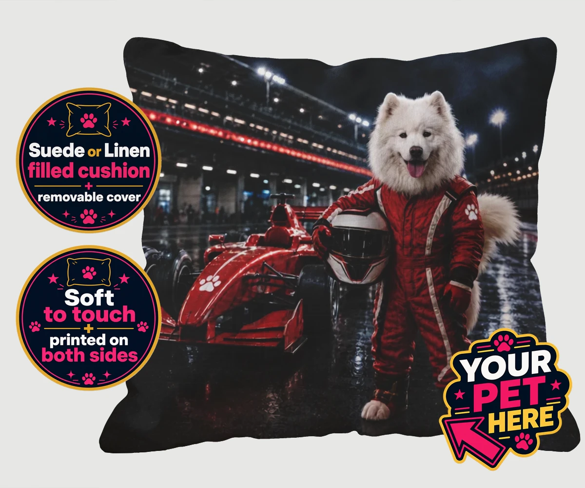 Personalised Paw Prix Racer dog cushions featuring the ultimate tribute to your speedy companion!