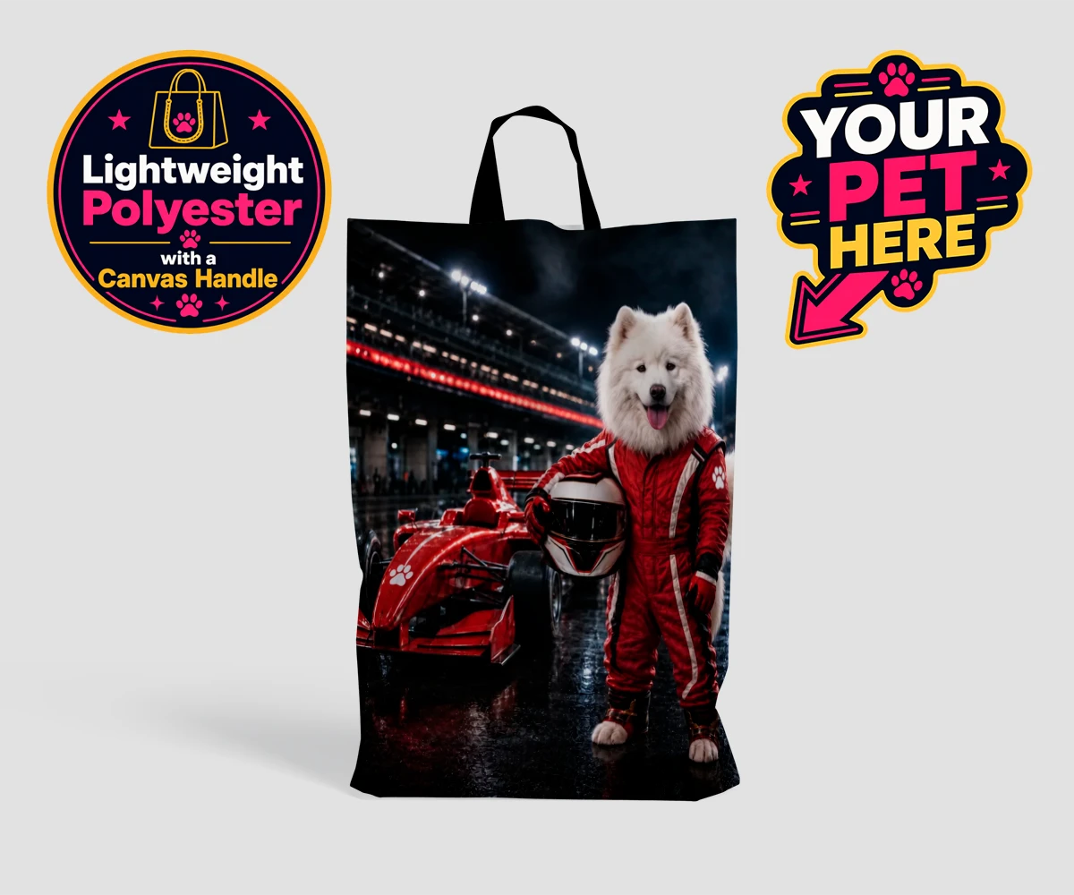 Personalised Paw Prix Racer dog shopping bags featuring the ultimate tribute to your speedy companion!