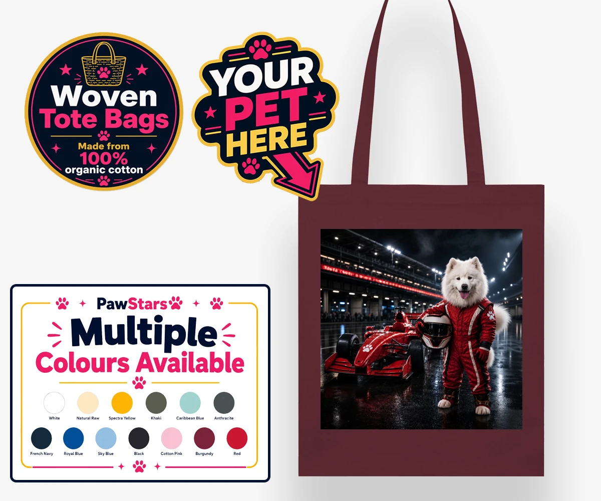 Personalised Paw Prix Racer dog woven tote bags featuring the ultimate tribute to your speedy companion!