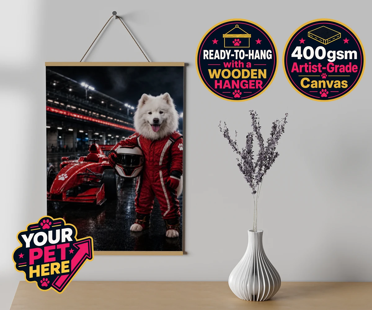 Personalised Paw Prix Racer dog canvas poster prints with hanger featuring the ultimate tribute to your speedy companion!