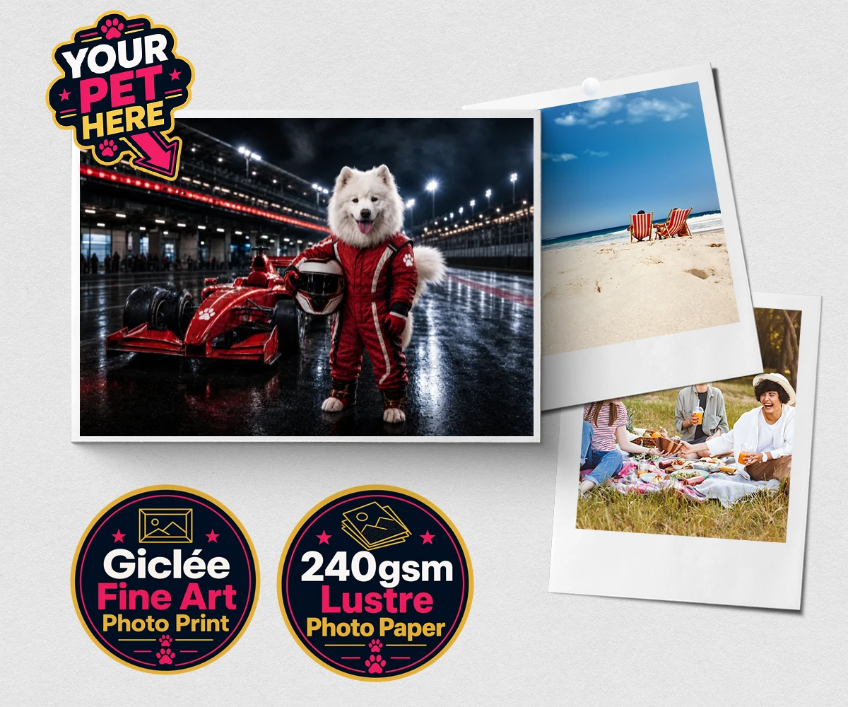Personalised Paw Prix Racer dog premium photo print featuring the ultimate tribute to your speedy companion!