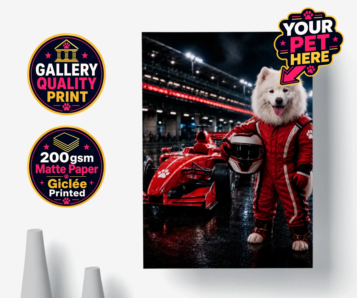 Personalised poster print of Paw Prix Racer dog in red racing suit at a racetrack