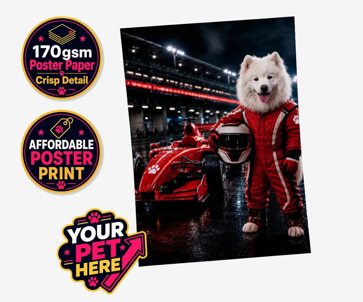 Personalised Paw Prix Racer dog standard poster print featuring the ultimate tribute to your speedy companion!