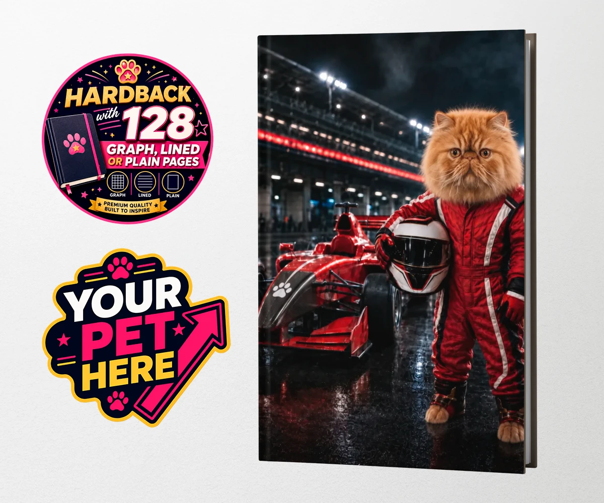 Personalised Paw Prix Racer cat hardback notebooks featuring the feline speedster ready to take your living space by storm!