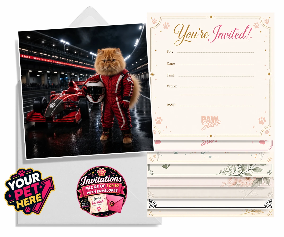 Personalised Paw Prix Racer cat invitations featuring the feline speedster ready to take your living space by storm!