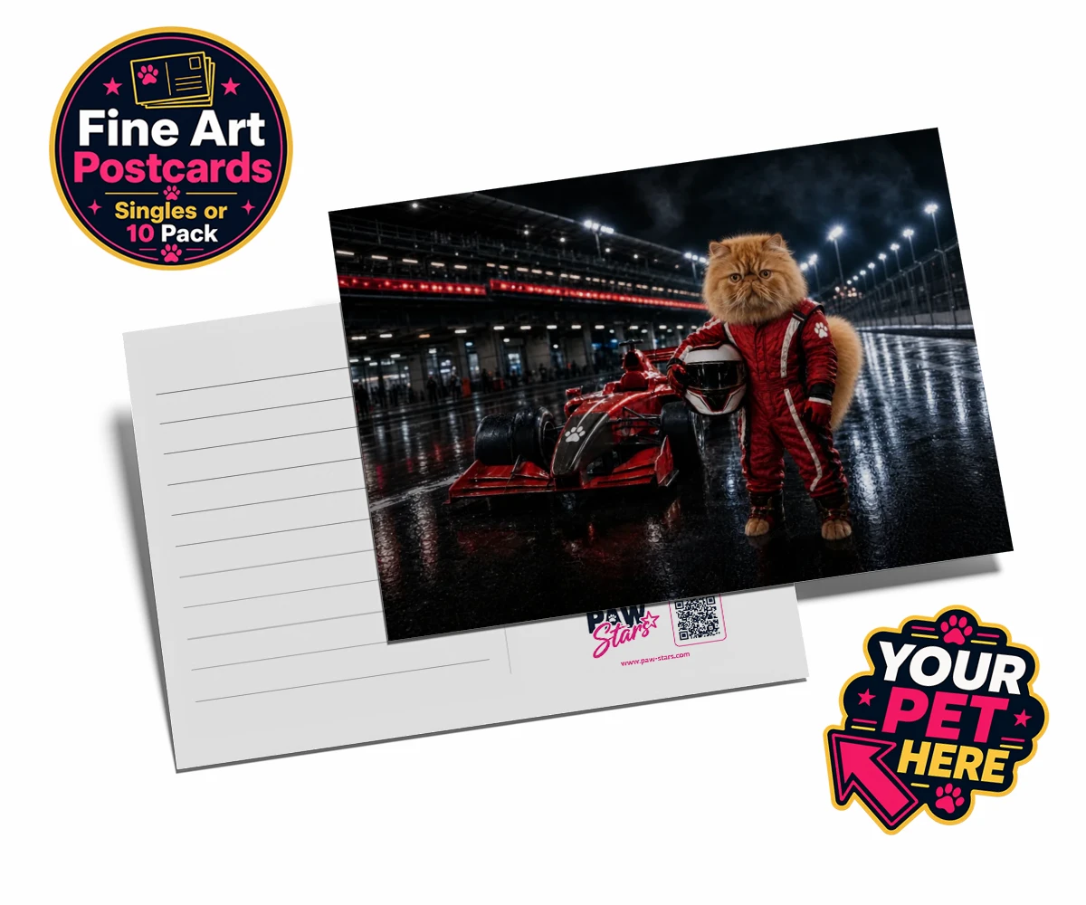 Personalised Paw Prix Racer cat postcards featuring the feline speedster ready to take your living space by storm!