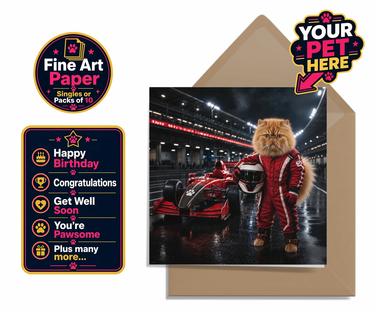 Personalised Paw Prix Racer cat premium greetings cards featuring the feline speedster ready to take your living space by storm!