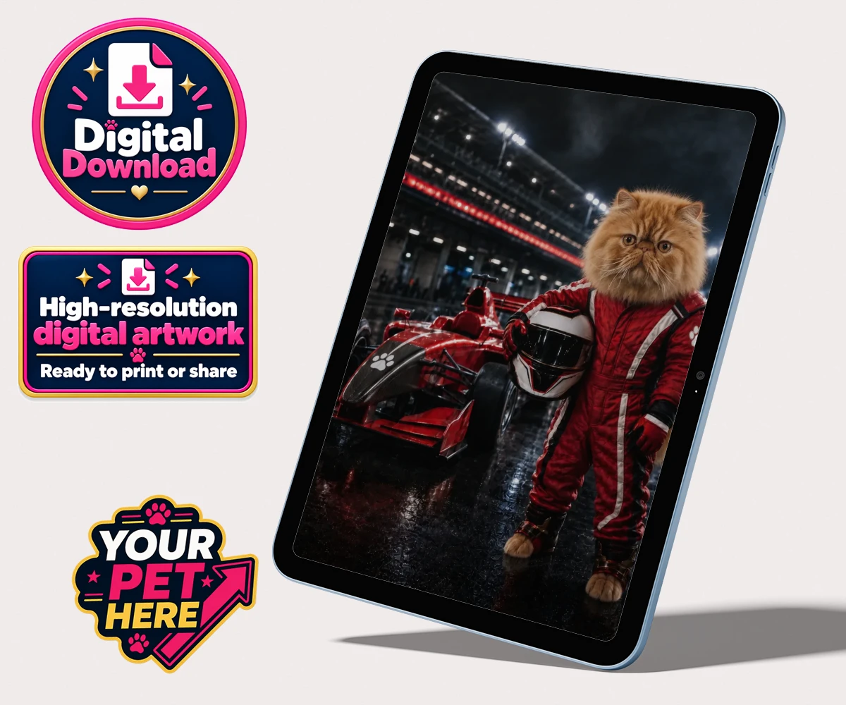 Personalised digital portrait of Paw Prix Racer, a cat in a racing suit and glossy helmet, set on a buzzing racetrack.