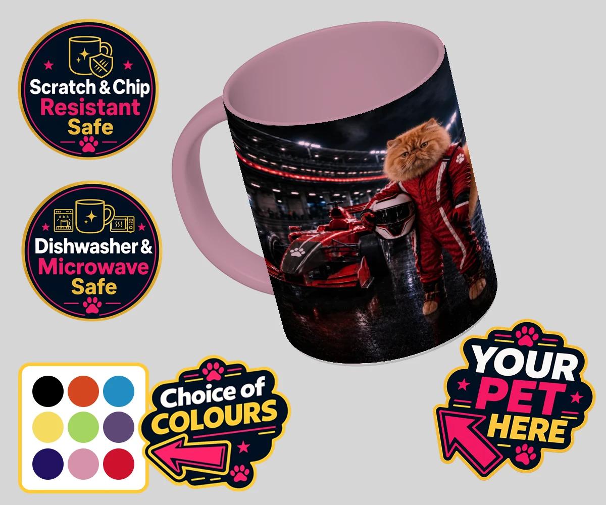 Personalised Paw Prix Racer cat coloured photo mugs featuring the feline speedster ready to take your living space by storm!