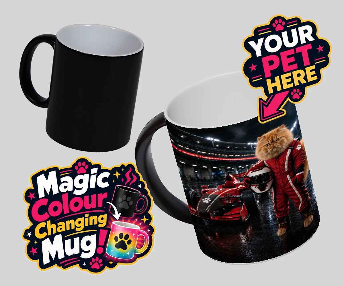 Personalised Paw Prix Racer cat magic photo mugs featuring the feline speedster ready to take your living space by storm!