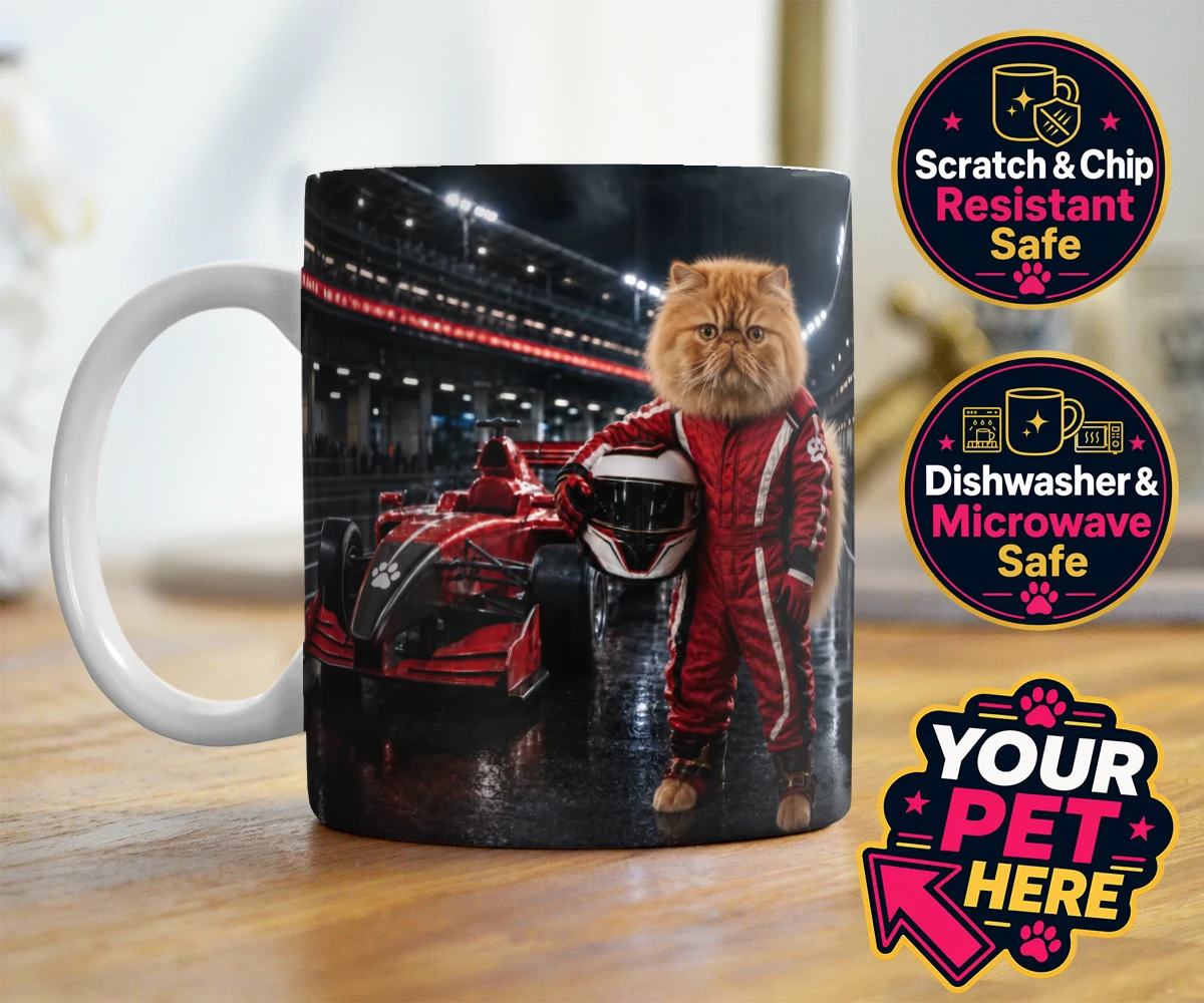 Personalised Paw Prix Racer cat photo mugs featuring the feline speedster ready to take your living space by storm!
