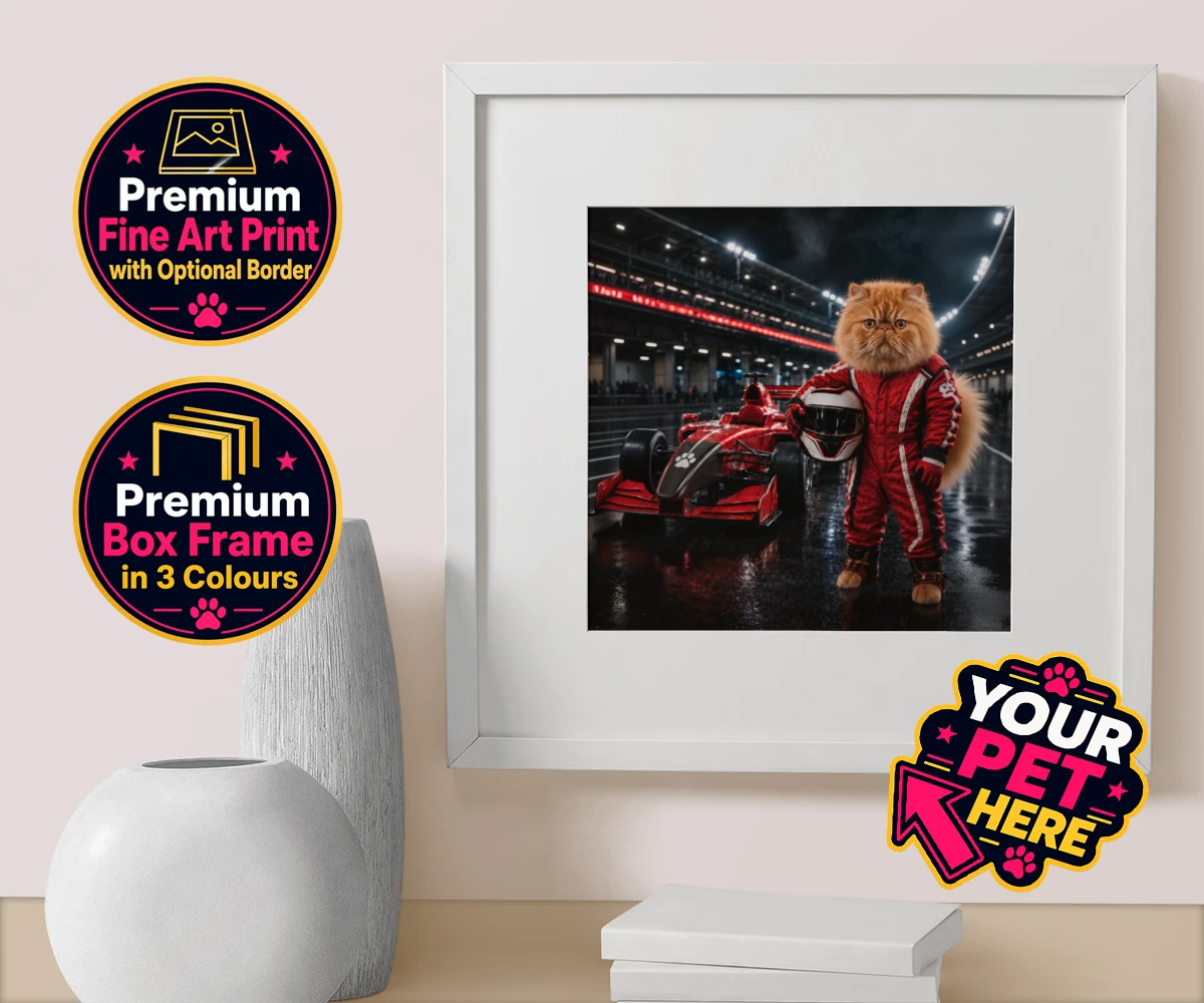 Personalised Paw Prix Racer cat box framed print featuring the feline speedster ready to take your living space by storm!