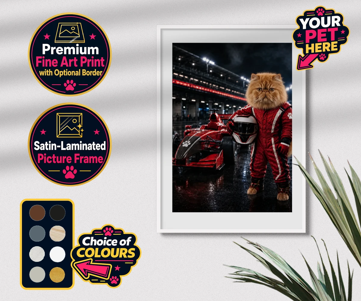 Personalised Paw Prix Racer cat premium framed print featuring the feline speedster ready to take your living space by storm!