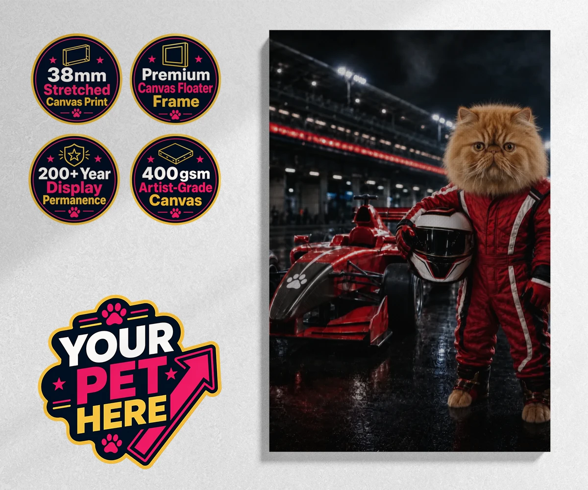 Personalised Paw Prix Racer cat stretched canvas print featuring the feline speedster ready to take your living space by storm!