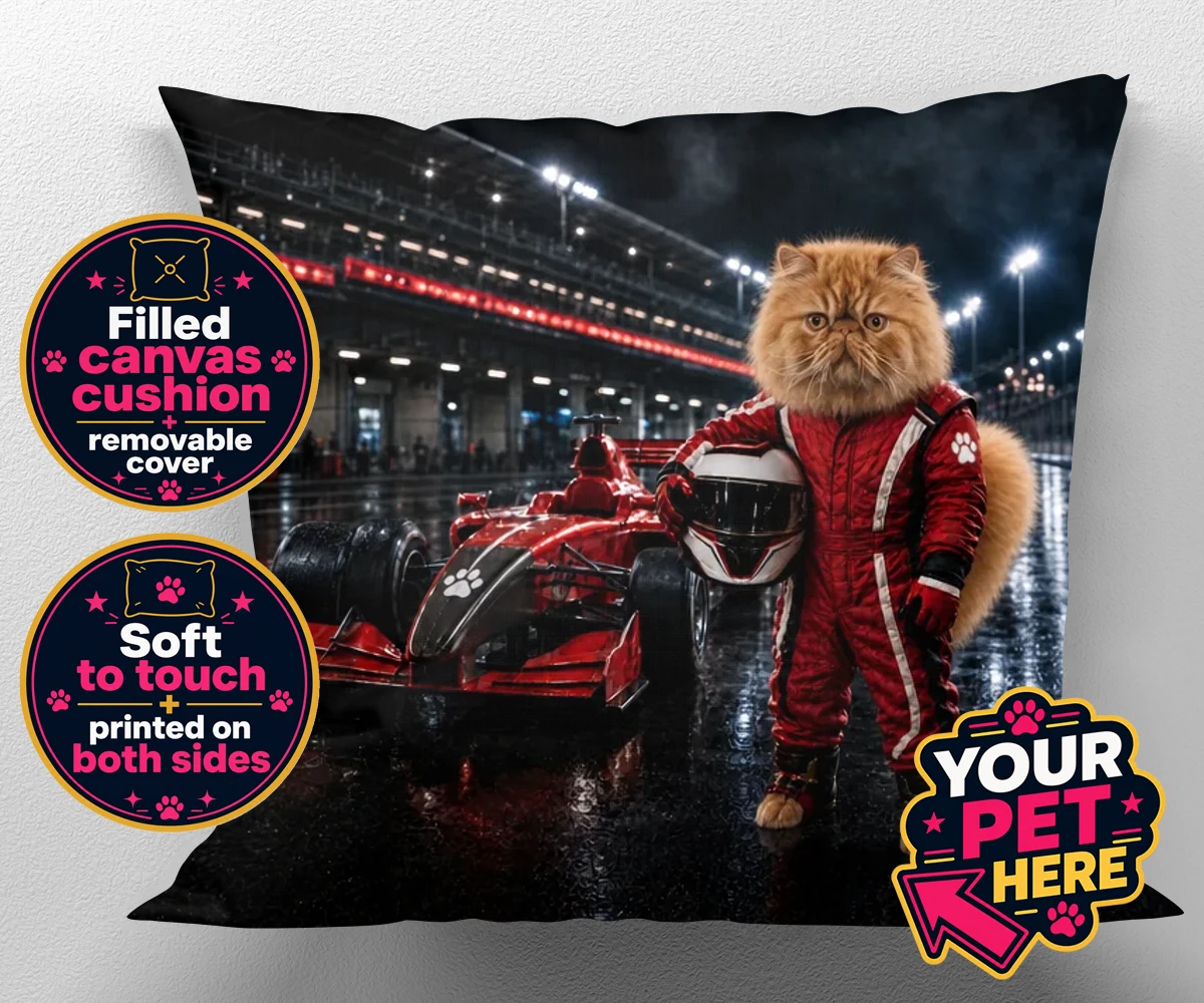 Personalised Paw Prix Racer cat canvas cushions featuring the feline speedster ready to take your living space by storm!