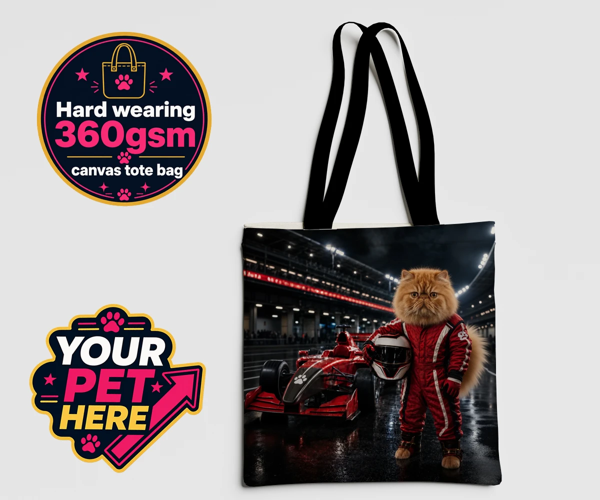 Personalised Paw Prix Racer cat canvas tote bags featuring the feline speedster ready to take your living space by storm!