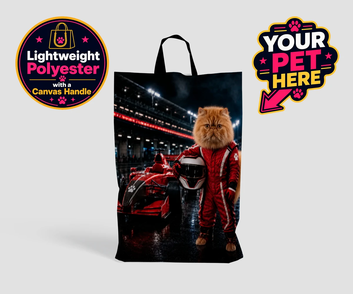 Personalised Paw Prix Racer cat shopping bags featuring the feline speedster ready to take your living space by storm!