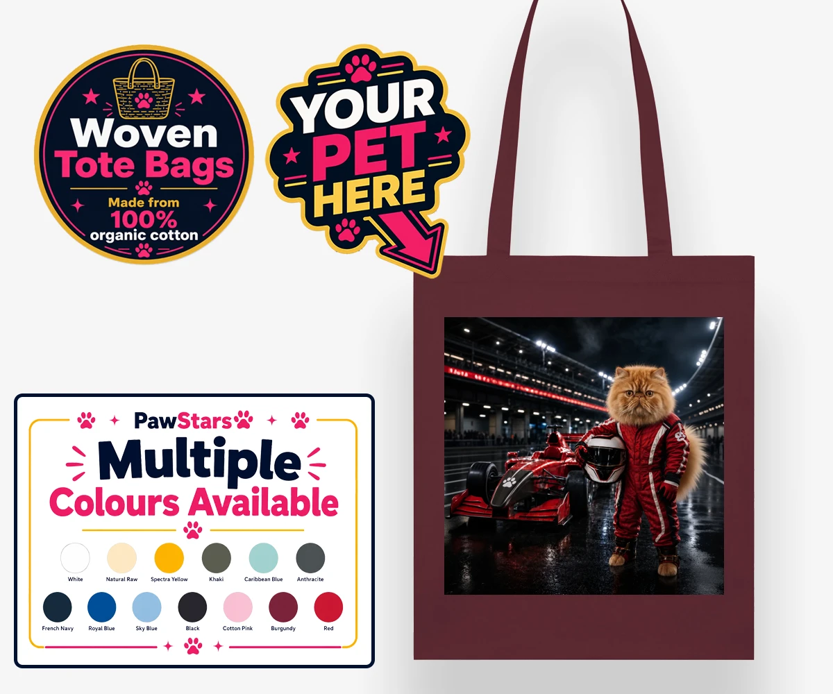 Personalised Paw Prix Racer cat woven tote bags featuring the feline speedster ready to take your living space by storm!