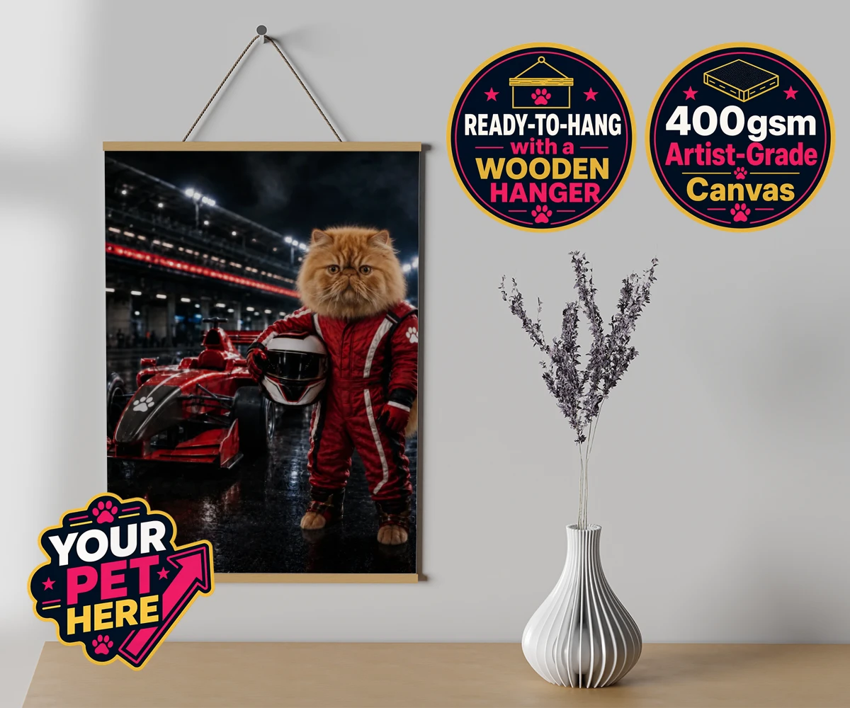Personalised Paw Prix Racer cat canvas poster prints with hanger featuring the feline speedster ready to take your living space by storm!