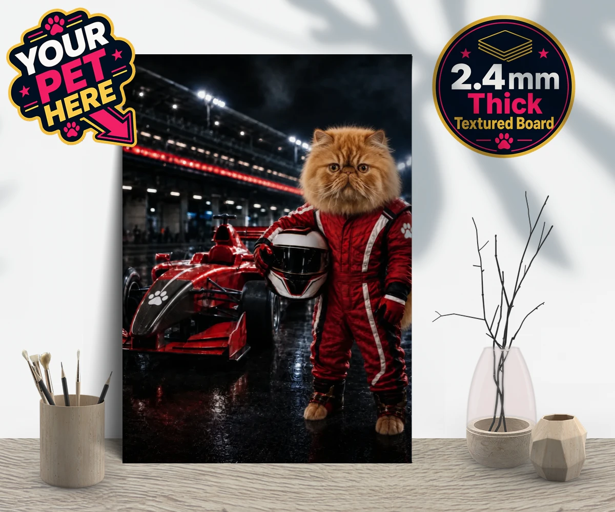 Personalised Paw Prix Racer cat gallery boards featuring the feline speedster ready to take your living space by storm!