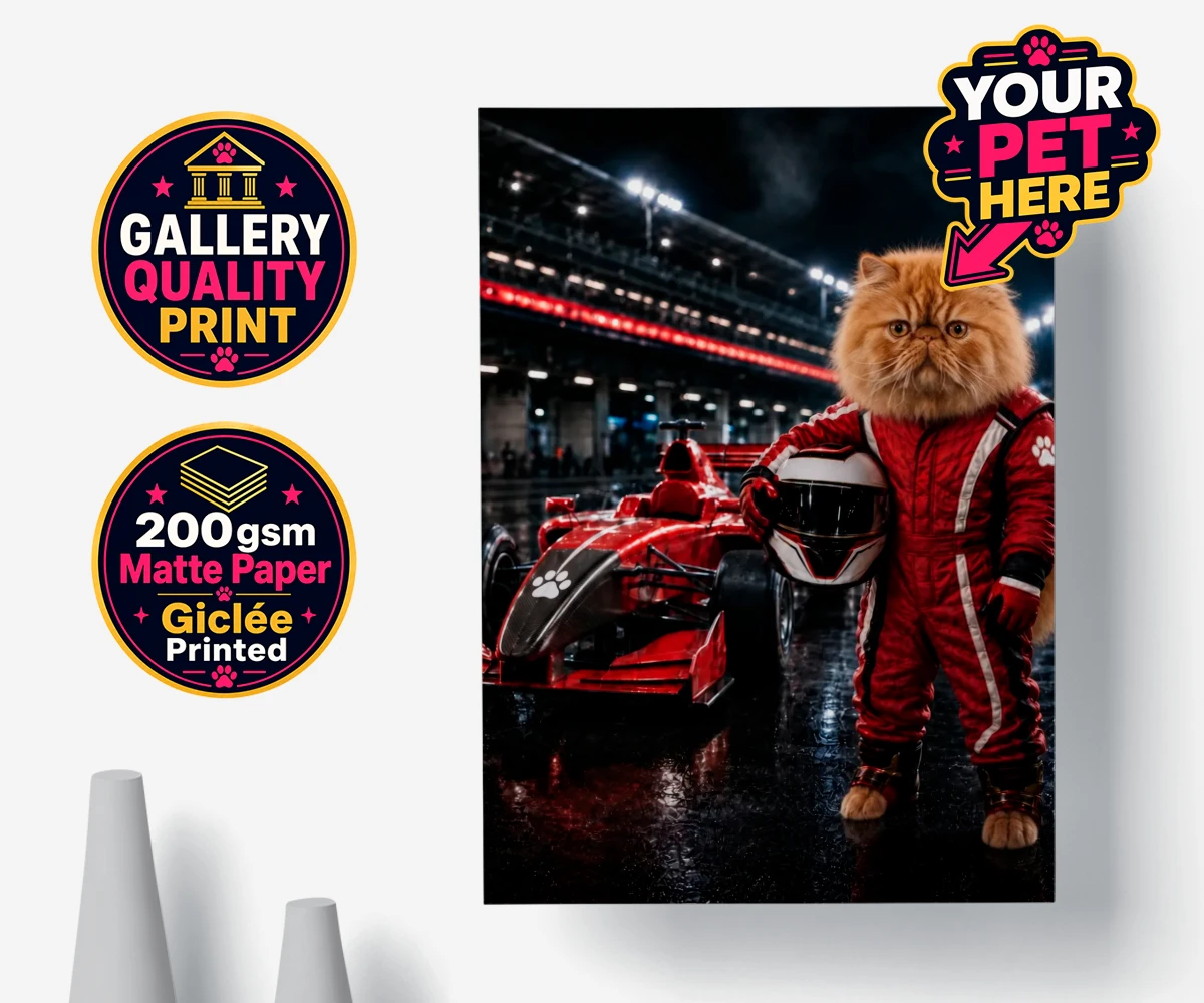 Personalised Paw Prix Racer cat poster print featuring a cat in a racing suit and glossy helmet against a buzzing racetrack backdrop.
