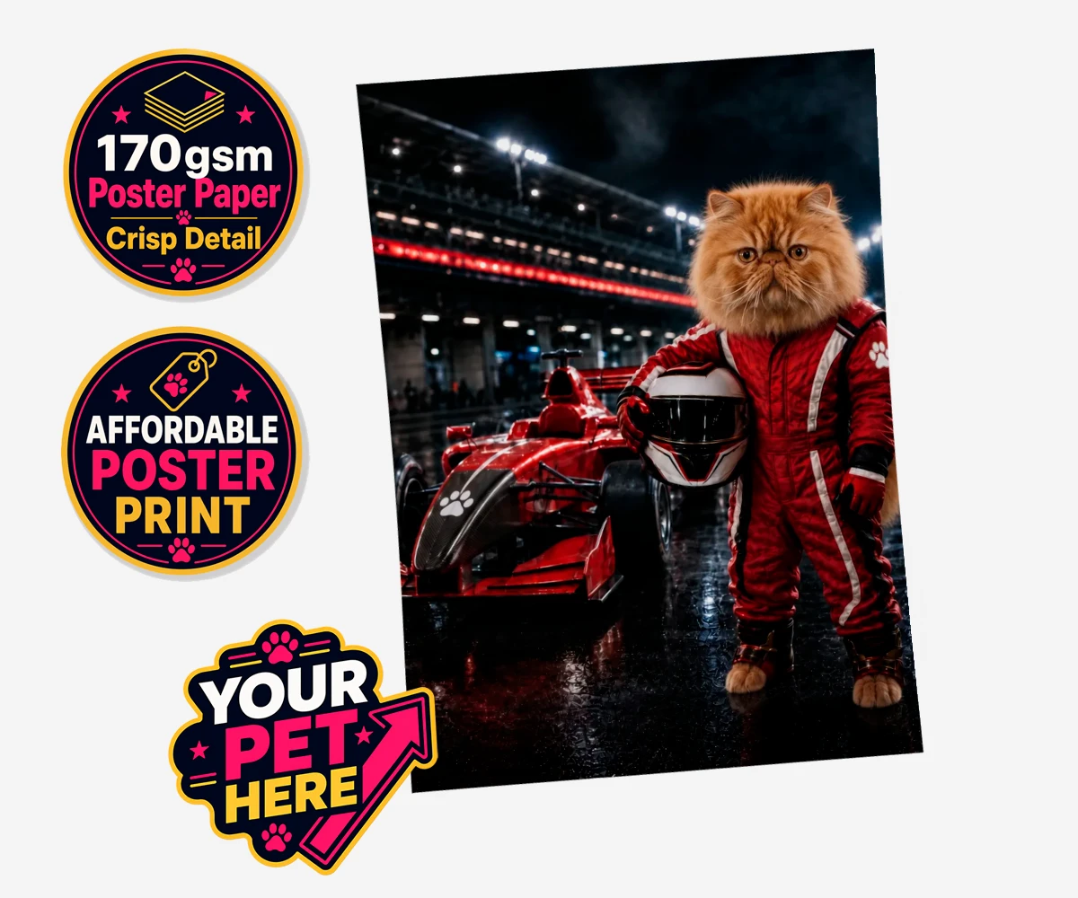 Personalised Paw Prix Racer cat standard poster print featuring the feline speedster ready to take your living space by storm!